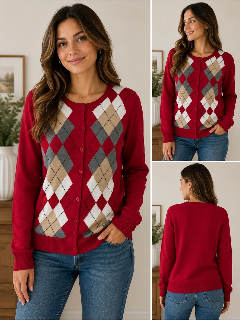 NWT Croft & Barrow Argyle Cardigan Sweater XL Red Gray Preppy Academia